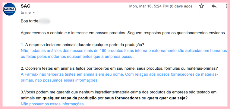 Farmax testa em animais em 2020? Não é vegana ou cruelty-free?